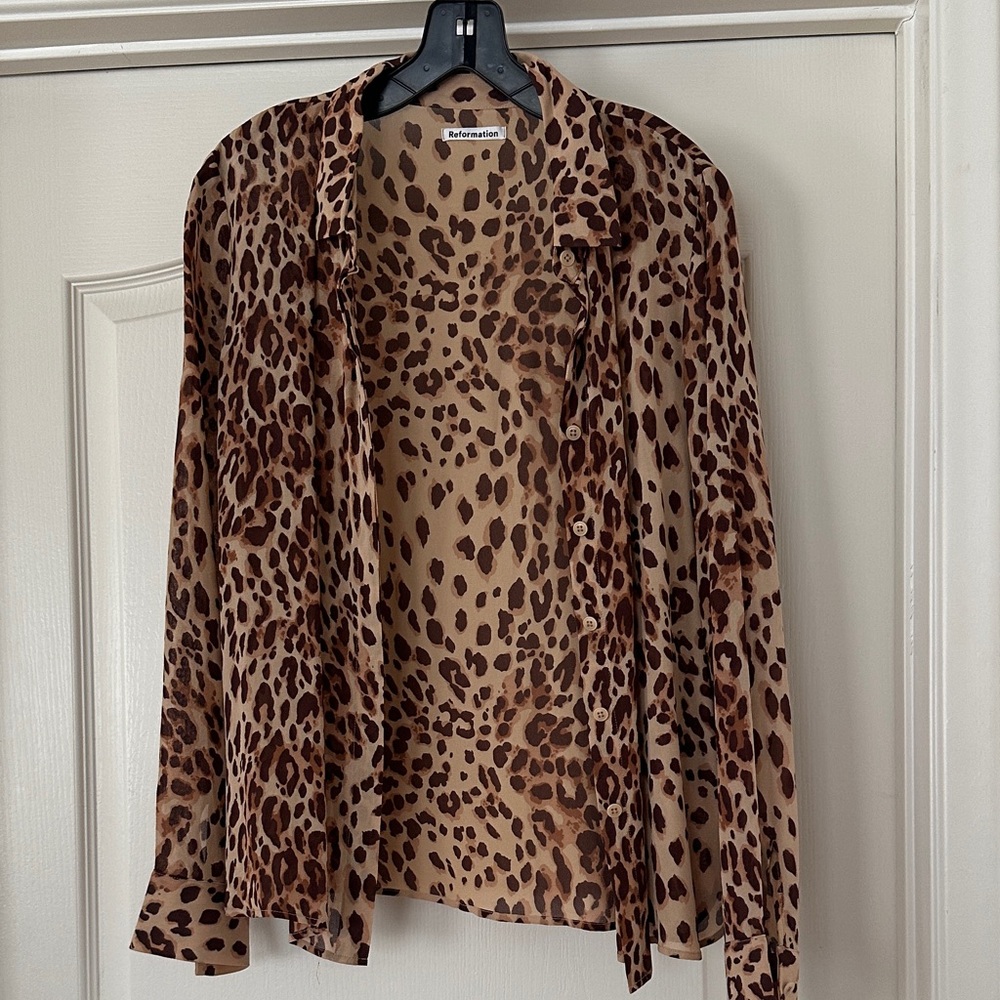 Reformation Leopard-Print Button Down Shirt in Brown and Tan